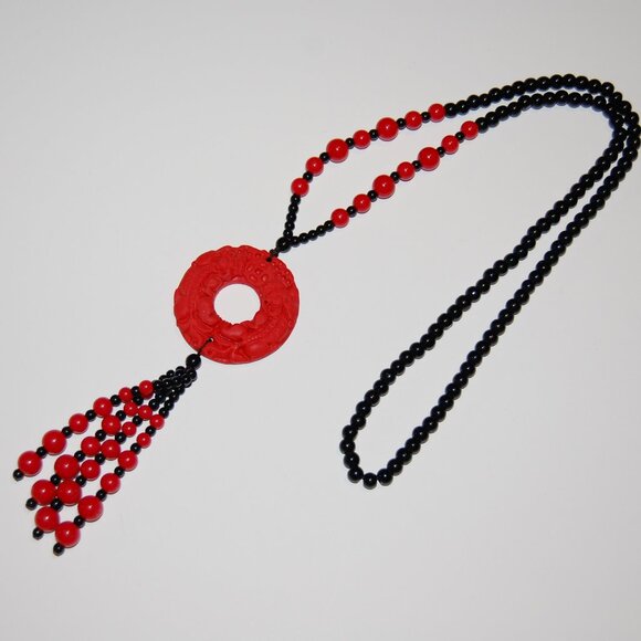 Red and Black Necklace,Glass Beaded Necklace,Party Necklace,Sweater Necklace - Picture 2 of 2